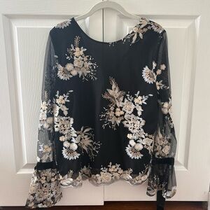 WAYF Floral Embroidered Black Sheer Top